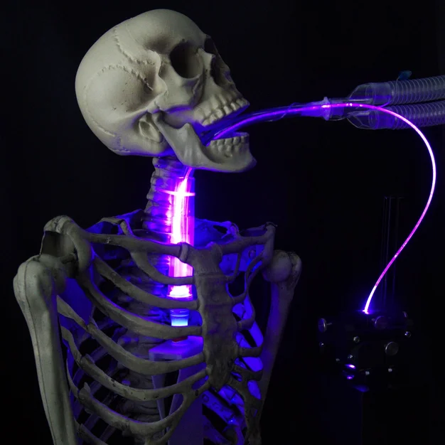 Skeleton with a purple-glowing endotracheal tube