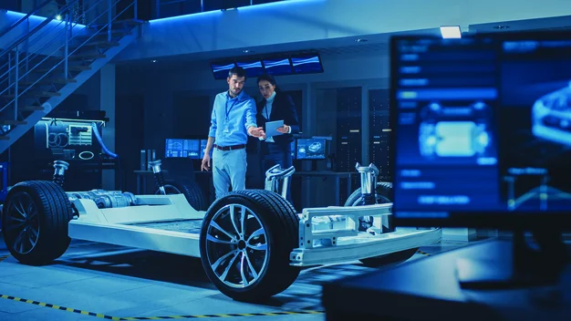 1270623454 Chefingenieur zeigt Autodesignerin einen Auto-Prototyp.