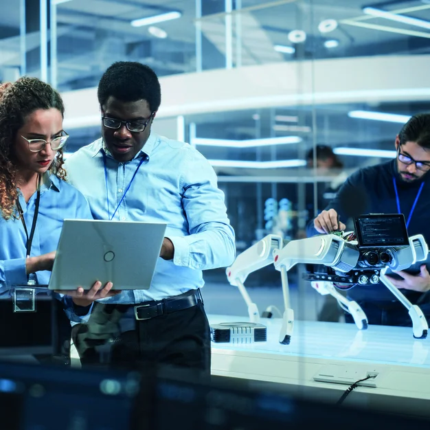 Portrait of two multiethnic engineers Use a laptop computer to connect, analyze and discuss how to program a robotic dog. Stand in the high-tech research lab with modern equipment